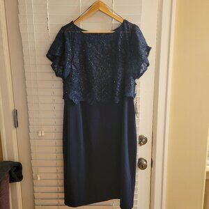 Adrianna Papell - Sequin Guipure Lace Popover Top Sheath Dress - Navy, Size 16